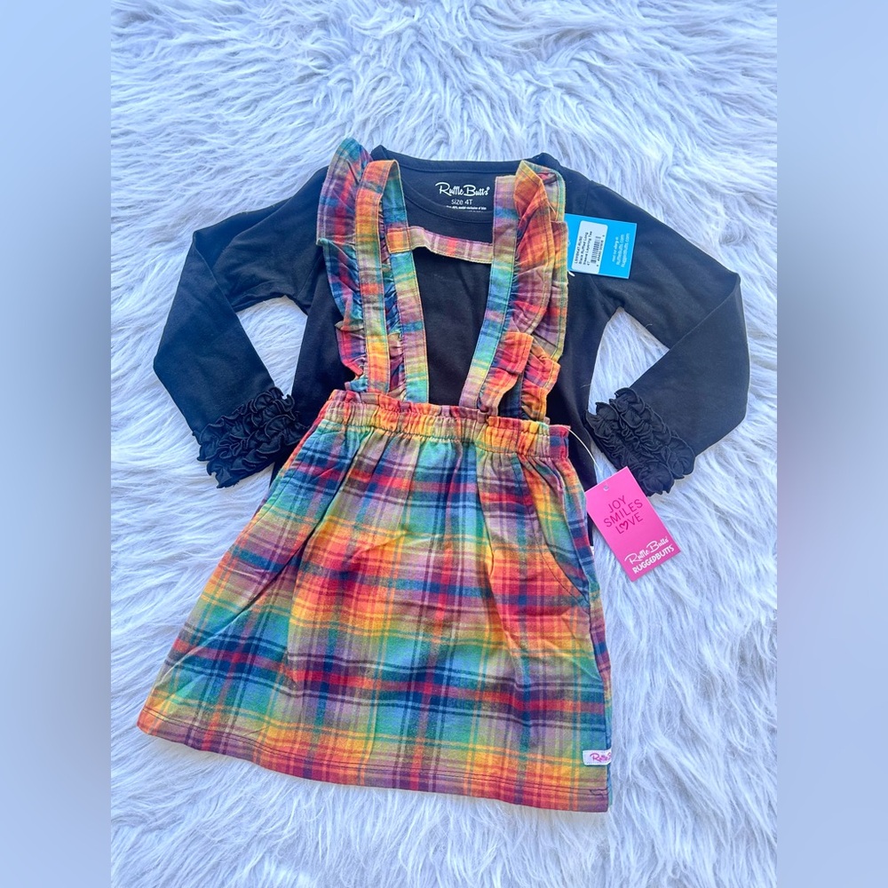 RuffleButts Black Top with Rainbow Plaid Jumper NWT.  4t